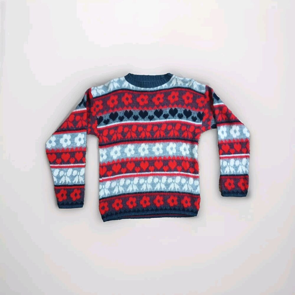 Vtg IN DESIGN Sweater Flowers Hearts Ribbons USA Made Womens Roundneck Blue Red